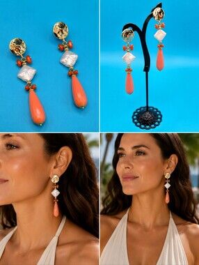 Baroque Mother of Pearl Coral Drop Earrings Gold Tone  3.5" NWOB